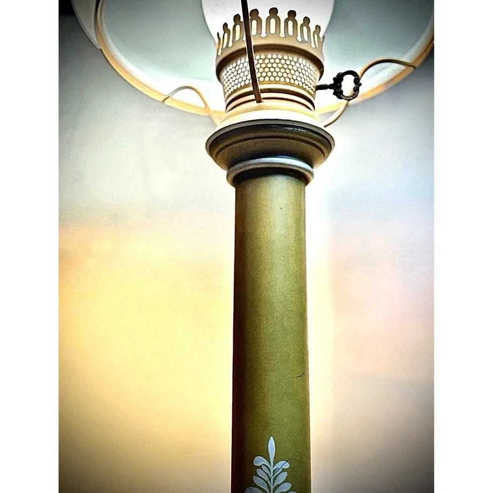 VTG Electric Parlor Lamp Faux Oil Hurricane Greenish Yellow, Milk Glass Shade